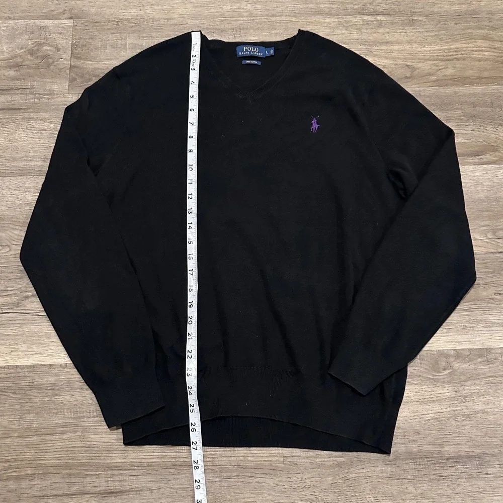 Polo Ralph Lauren Sweater Mens L Black Pima Cotton V-Neck Purple Pony Pullover